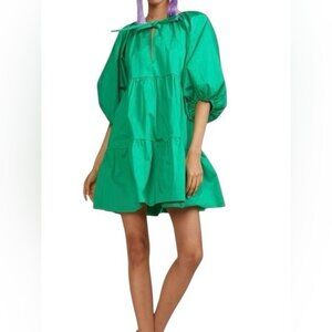 Cynthia Rowley Kasbah Cotton Poplin Balloon Sleeve Tie Neck Tiered Mini Tent Dre